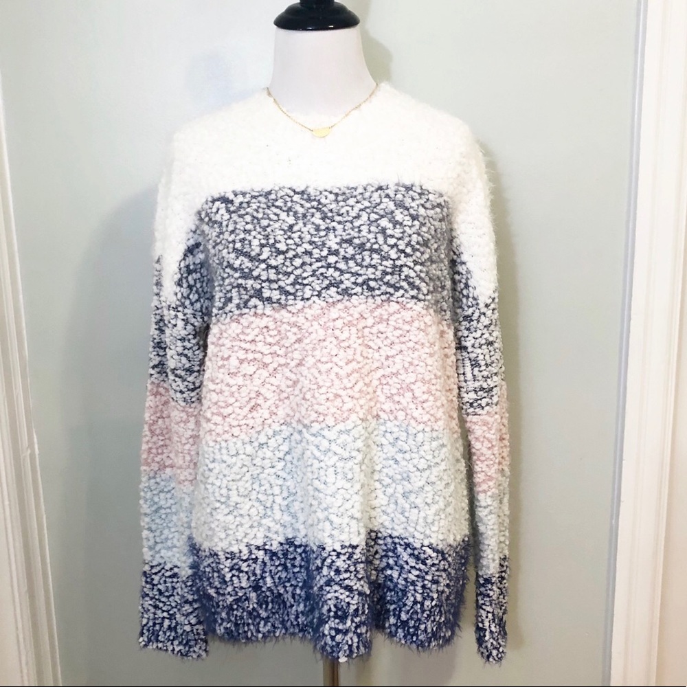 Cupio Oversized Fuzzy Striped Pullover Sweater